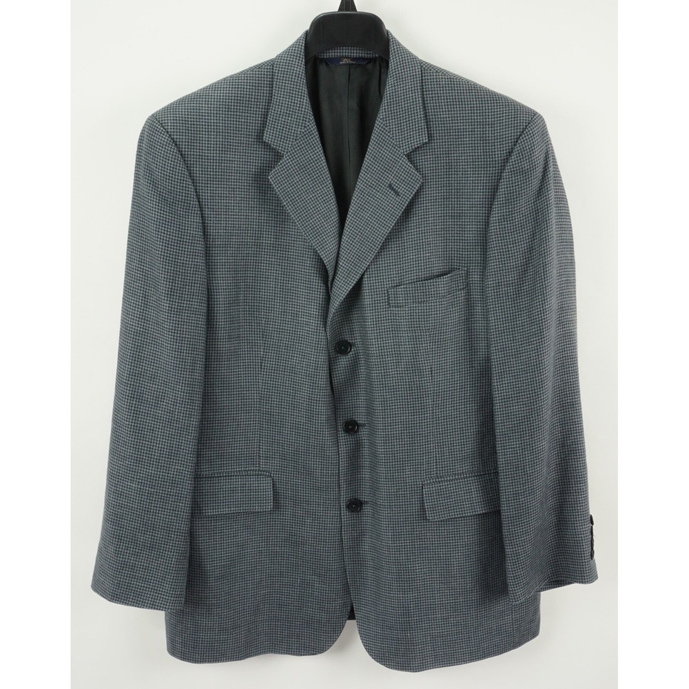 Brooks Brothers Silk Wool Linen Houndstooth Men 44R Blue Three Button Sport Coat